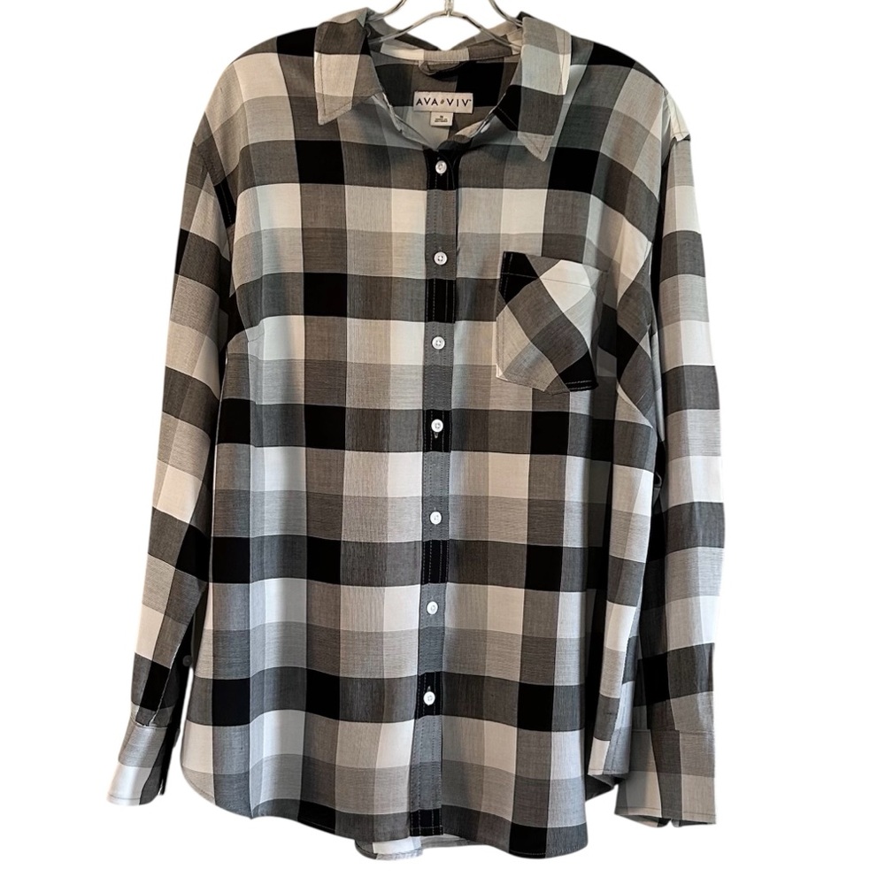 Ava & Viv Black White Check Buffalo Plaid Button Down Blouse Tunic Top Womens 1X